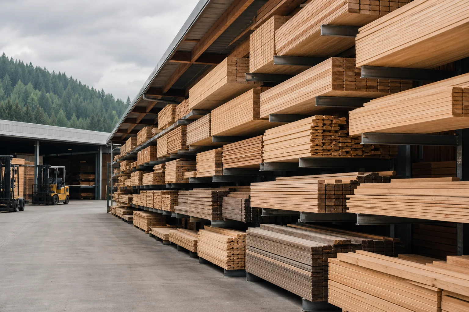 Covered architectural lumber racks in a Pacific Northwest lumber yard