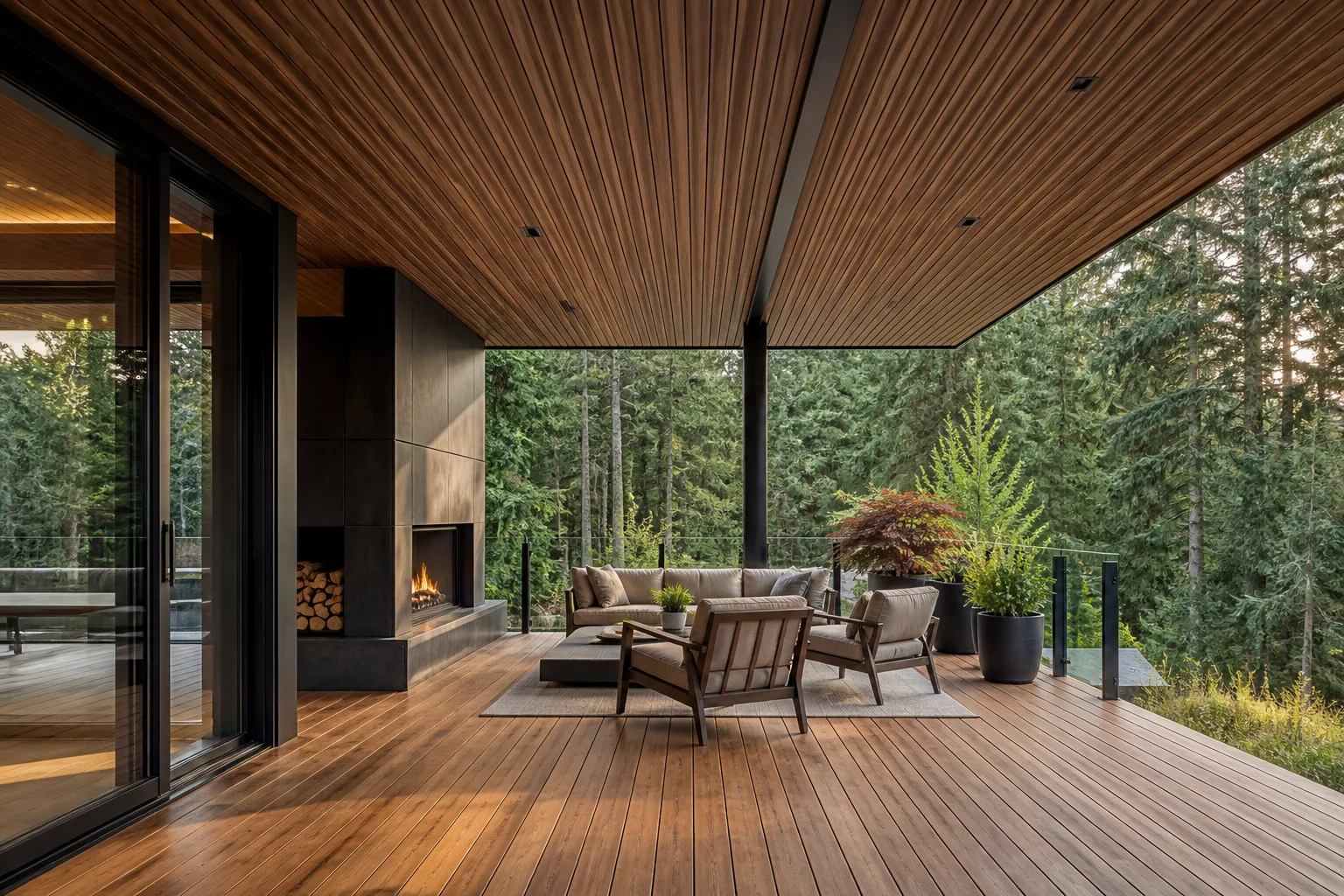Architectural example of coordinated thermally modified decking and soffits